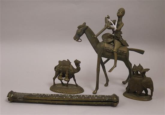 Two school of Art Jaipur models of an elephant and a camel, an African brass group and an Indian sword handle. tallest 20cm